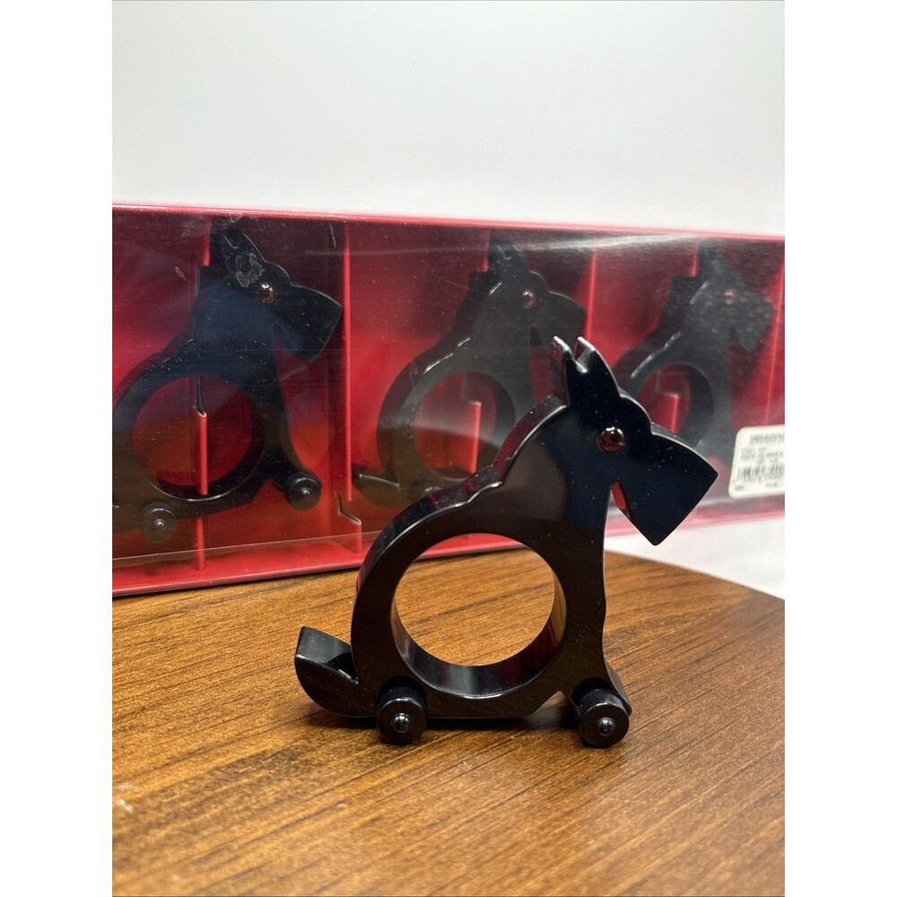 4Restoration Hardware Black Acrylic Scottie Dog Napkin Ring Holders, NIB